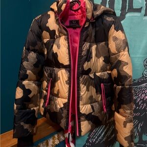 G by Giuliana Camouflage Puffer Jacket - Black, Tan, and Pink